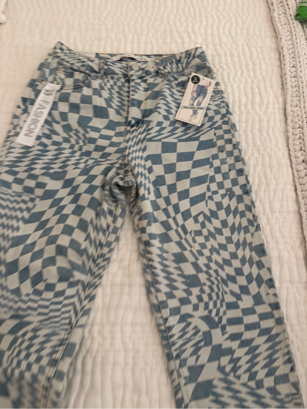 Tinseltown Blue & White The Mom Jean Boyfriend Optical Check Print